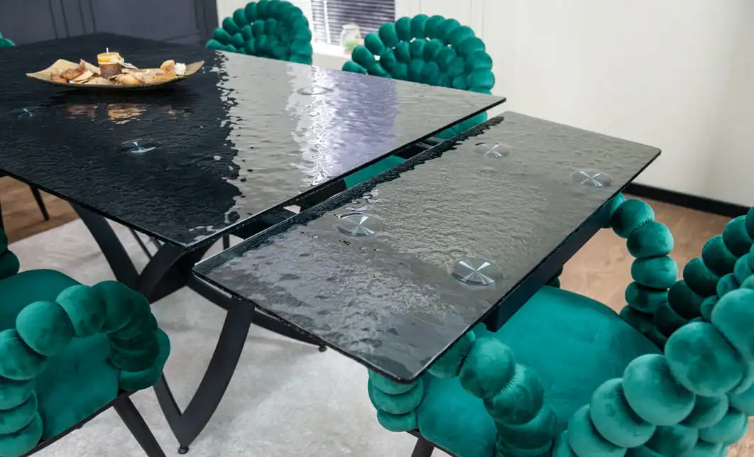 Set Masă Living Extensibilă CT241 Blat Sticlă Securizată Neagră cu 6 Scaune KJC376 Verzi 10