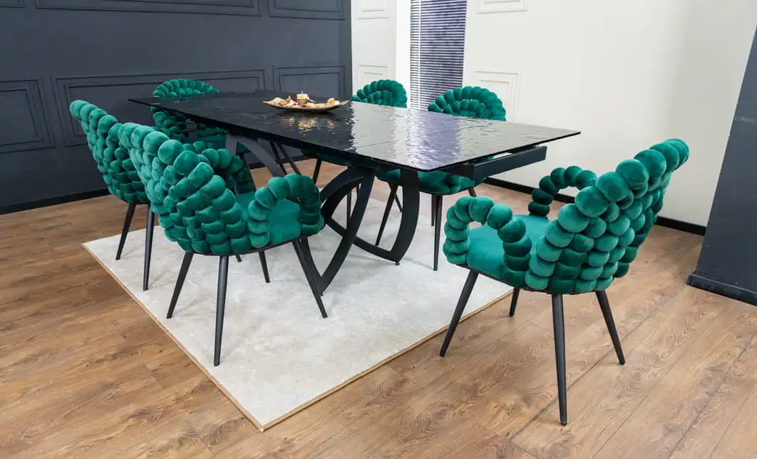 Set Masă Living Extensibilă CT241 Blat Sticlă Securizată Neagră cu 6 Scaune KJC376 Verzi 2