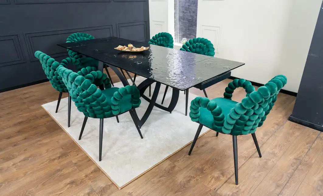 Set Masă Living Extensibilă CT241 Blat Sticlă Securizată Neagră cu 6 Scaune KJC376 Verzi 3