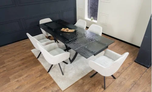 Set Masă Living Extensibilă CT241 Blat Sticlă Securizată Neagră cu 6 Scaune KJC3846 Bej