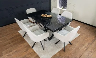 Set Masă Living Extensibilă CT241 Blat Sticlă Securizată Neagră cu 6 Scaune KJC3846 Bej
