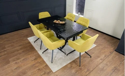 Set Masă Living Extensibilă CT241 Blat Sticlă Securizată Neagră cu 6 Scaune KJC4345 Muștar