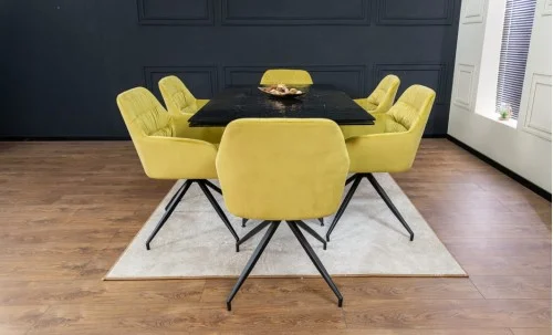 Set Masă Living Extensibilă CT241 Blat Sticlă Securizată Neagră cu 6 Scaune KJC4345 Muștar