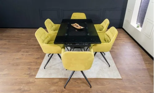 Set Masă Living Extensibilă CT241 Blat Sticlă Securizată Neagră cu 6 Scaune KJC4345 Muștar