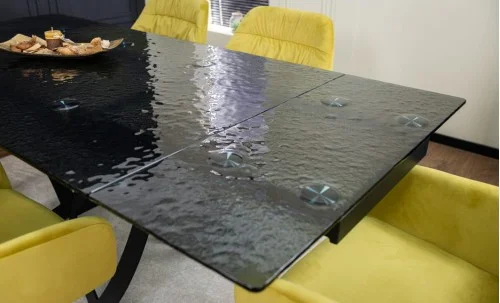 Set Masă Living Extensibilă CT241 Blat Sticlă Securizată Neagră cu 6 Scaune KJC4345 Muștar