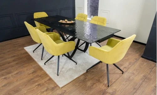Set Masă Living Extensibilă CT241 Blat Sticlă Securizată Neagră cu 6 Scaune KJC4345 Muștar
