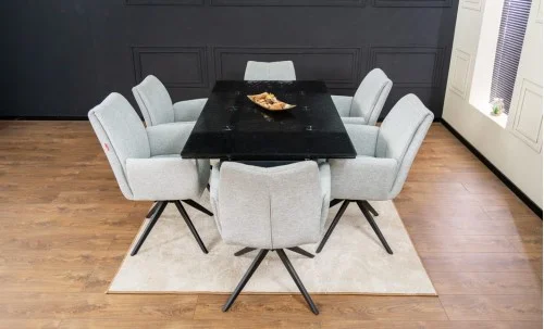 Set Masă Living Extensibilă CT241 Blat Sticlă Securizată Neagră cu 6 Scaune KJC77 Gri Deschis