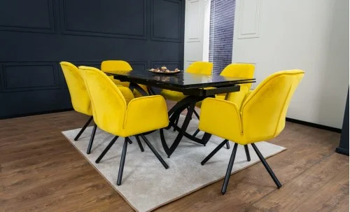 Set Masă Living Extensibilă CT241 Blat Sticlă Securizată Neagră cu 6 Scaune KJC80 Galbene