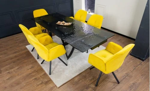 Set Masă Living Extensibilă CT241 Blat Sticlă Securizată Neagră cu 6 Scaune KJC80 Galbene