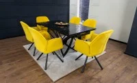 Set Masă Living Extensibilă CT241 Blat Sticlă Securizată Neagră cu 6 Scaune KJC80 Galbene