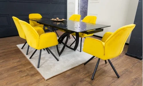 Set Masă Living Extensibilă CT241 Blat Sticlă Securizată Neagră cu 6 Scaune KJC80 Galbene