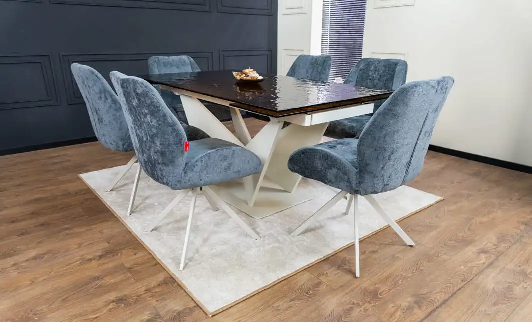 Set Masă Living Extensibilă CT242 Blat Sticlă Securizată cu 6 Scaune Tapițate DCM0104CS Gri 3