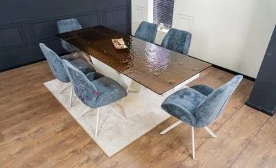 Set Masă Living Extensibilă CT242 Blat Sticlă Securizată cu 6 Scaune Tapițate DCM0104CS Gri