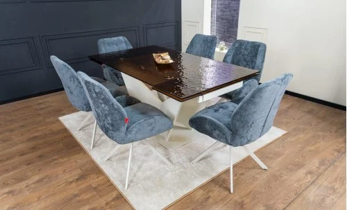 Set Masă Living Extensibilă CT242 Blat Sticlă Securizată cu 6 Scaune Tapițate DCM0104CS Gri