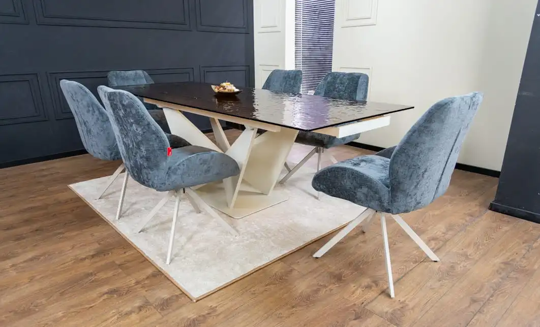 Set Masă Living Extensibilă CT242 Blat Sticlă Securizată cu 6 Scaune Tapițate DCM0104CS Gri 2