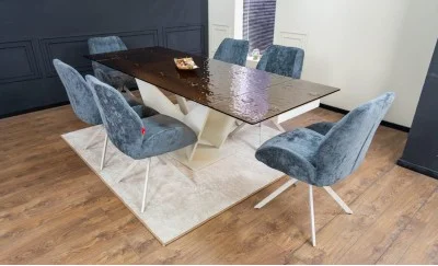 Set Masă Living Extensibilă CT242 Blat Sticlă Securizată cu 6 Scaune Tapițate DCM0104CS Gri
