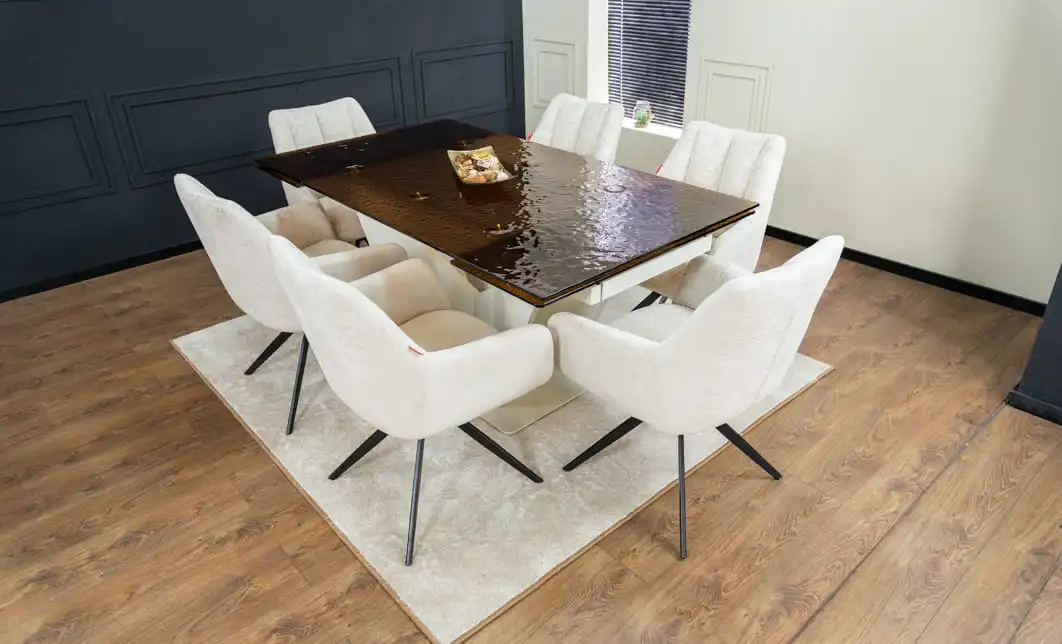 Set Masă Living Extensibilă CT242 Blat Sticlă Securizată cu 6 Scaune DCM0112AS Bej 1