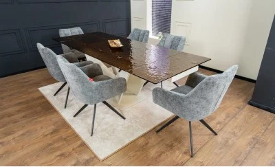 Set Masă Living Extensibilă CT242 Blat Sticlă Securizată cu 6 Scaune DCM0112AS Gri