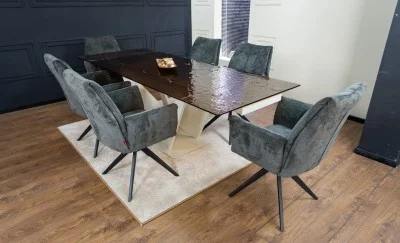 Set Masă Living Extensibilă CT242 Blat Sticlă Securizată cu 6 Scaune DCM0601AS Gri Închis