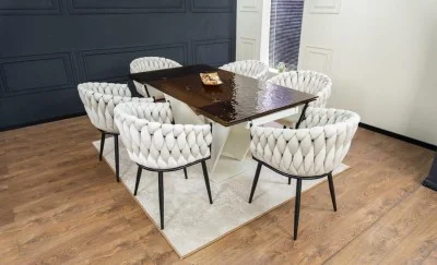 Set Masă Living Extensibilă CT242 Blat Sticlă Securizată cu 6 Scaune KJC11 Bej