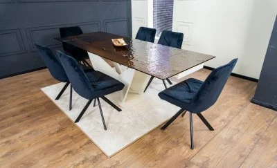 Set Masă Living Extensibilă CT242 Blat Sticlă Securizată cu 6 Scaune KJC356 Negre
