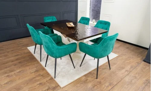 Set Masă Living Extensibilă CT242 Blat Sticlă Securizată cu 6 Scaune KJC38 Verzi