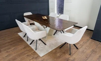 Set Masă Living Extensibilă CT242 Blat Sticlă Securizată cu 6 Scaune KJC3846 Bej