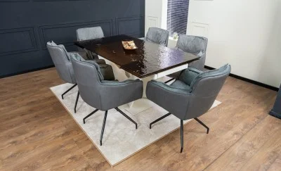 Set Masă Living Extensibilă CT242 Blat Sticlă Securizată cu 6 Scaune KJC389 Gri