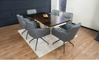 Set Masă Living Extensibilă CT242 Blat Sticlă Securizată cu 6 Scaune KJC389 Gri