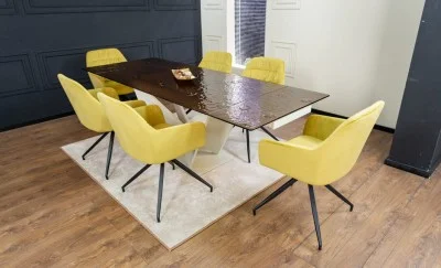 Set Masă Living Extensibilă CT242 Blat Sticlă Securizată cu 6 Scaune KJC4345 Muștar