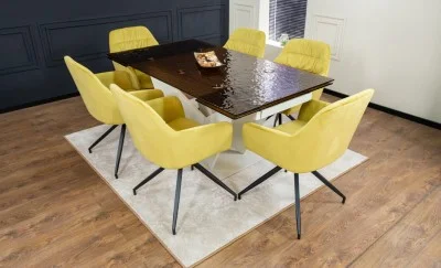Set Masă Living Extensibilă CT242 Blat Sticlă Securizată cu 6 Scaune KJC4345 Muștar
