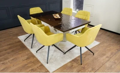 Set Masă Living Extensibilă CT242 Blat Sticlă Securizată cu 6 Scaune KJC4345 Muștar