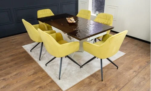 Set Masă Living Extensibilă CT242 Blat Sticlă Securizată cu 6 Scaune KJC4345 Muștar