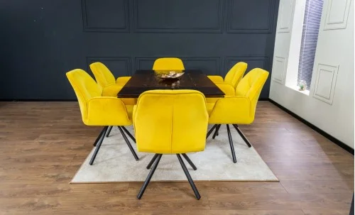 Set Masă Living Extensibilă CT242 Blat Sticlă Securizată cu 6 Scaune KJC80 Galbene