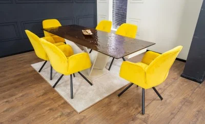 Set Masă Living Extensibilă CT242 Blat Sticlă Securizată cu 6 Scaune KJC80 Galbene