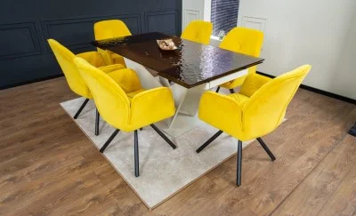 Set Masă Living Extensibilă CT242 Blat Sticlă Securizată cu 6 Scaune KJC80 Galbene