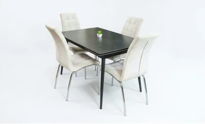 Set Masă Living Extensibilă DTM0101 Blat Ceramic Gri cu 4 Scaune Tapițate F630 Bej