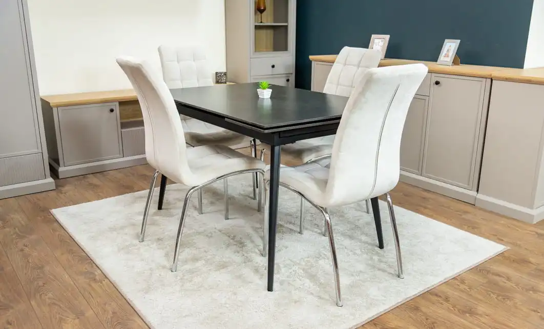 Set Masă Living Extensibilă DTM0101 Blat Ceramic Gri cu 4 Scaune Tapițate F630 Bej 3