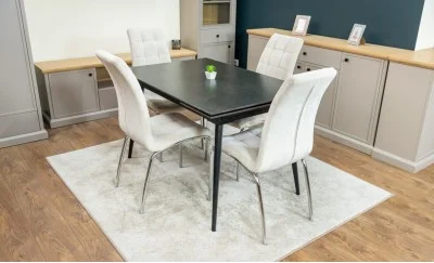 Set Masă Living Extensibilă DTM0101 Blat Ceramic Gri cu 4 Scaune Tapițate F630 Bej