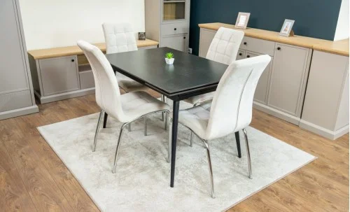 Set Masă Living Extensibilă DTM0101 Blat Ceramic Gri cu 4 Scaune Tapițate F630 Bej