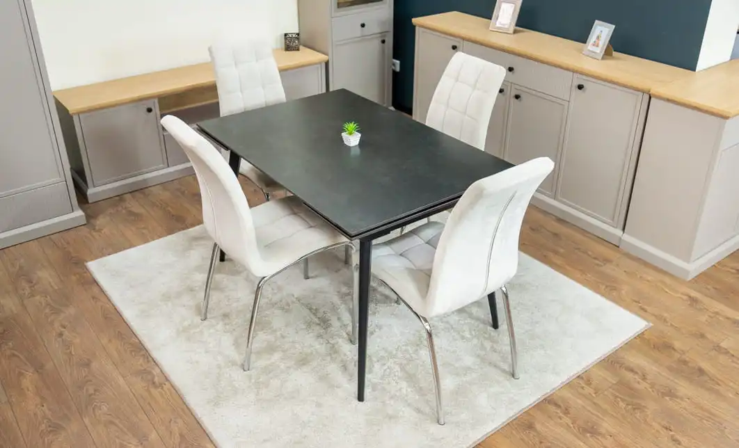 Set Masă Living Extensibilă DTM0101 Blat Ceramic Gri cu 4 Scaune Tapițate F630 Bej 2