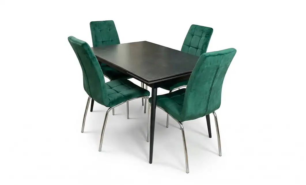 Set Masă Living Extensibilă DTM0101 Blat Ceramic Gri cu 4 Scaune Tapițate F630 Verzi 1