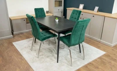 Set Masă Living Extensibilă DTM0101 Blat Ceramic Gri cu 4 Scaune Tapițate F630 Verzi