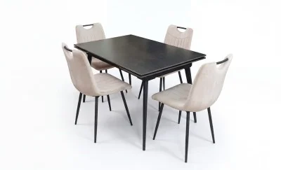 Set Masă Living Extensibilă DTM0101 Blat Ceramic Gri cu 4 Scaune Tapițate KJC0358 Bej