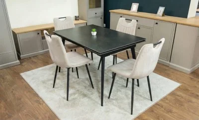 Set Masă Living Extensibilă DTM0101 Blat Ceramic Gri cu 4 Scaune Tapițate KJC0358 Bej