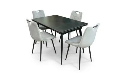 Set Masă Living Extensibilă DTM0101 Blat Ceramic Gri cu 4 Scaune Tapițate KJC0358 Gri