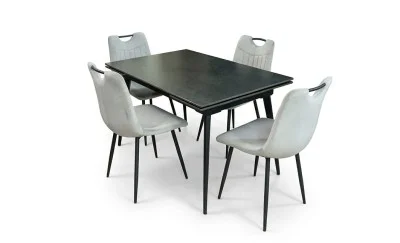Set Masă Living Extensibilă DTM0101 Blat Ceramic Gri cu 4 Scaune Tapițate KJC0358 Gri