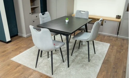 Set Masă Living Extensibilă DTM0101 Blat Ceramic Gri cu 4 Scaune Tapițate KJC0358 Gri