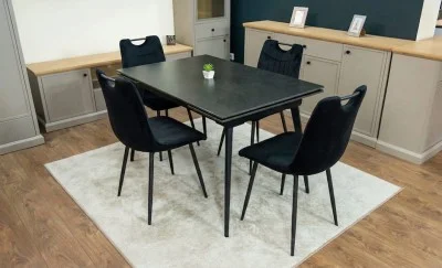 Set Masă Living Extensibilă DTM0101 Blat Ceramic Gri cu 4 Scaune Tapițate KJC0358 Negre
