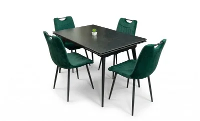 Set Masă Living Extensibilă DTM0101 Blat Ceramic Gri cu 4 Scaune Tapițate KJC0358 Verzi